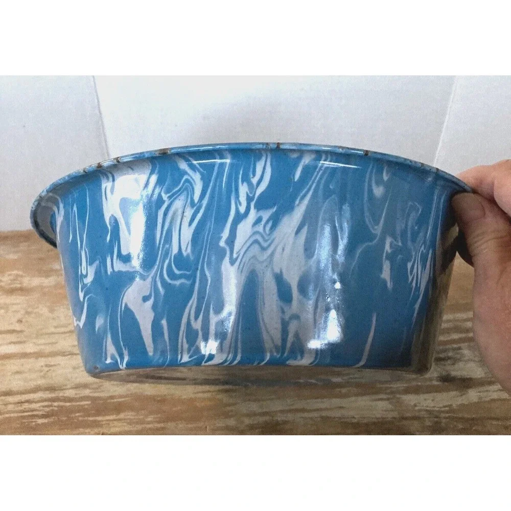 Antique vintage enamelware enameled swirl blue white basin bowl chippy farmhouse